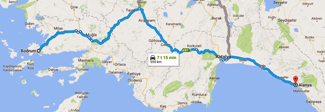 Kart Alanya til Bodrum med reiserute